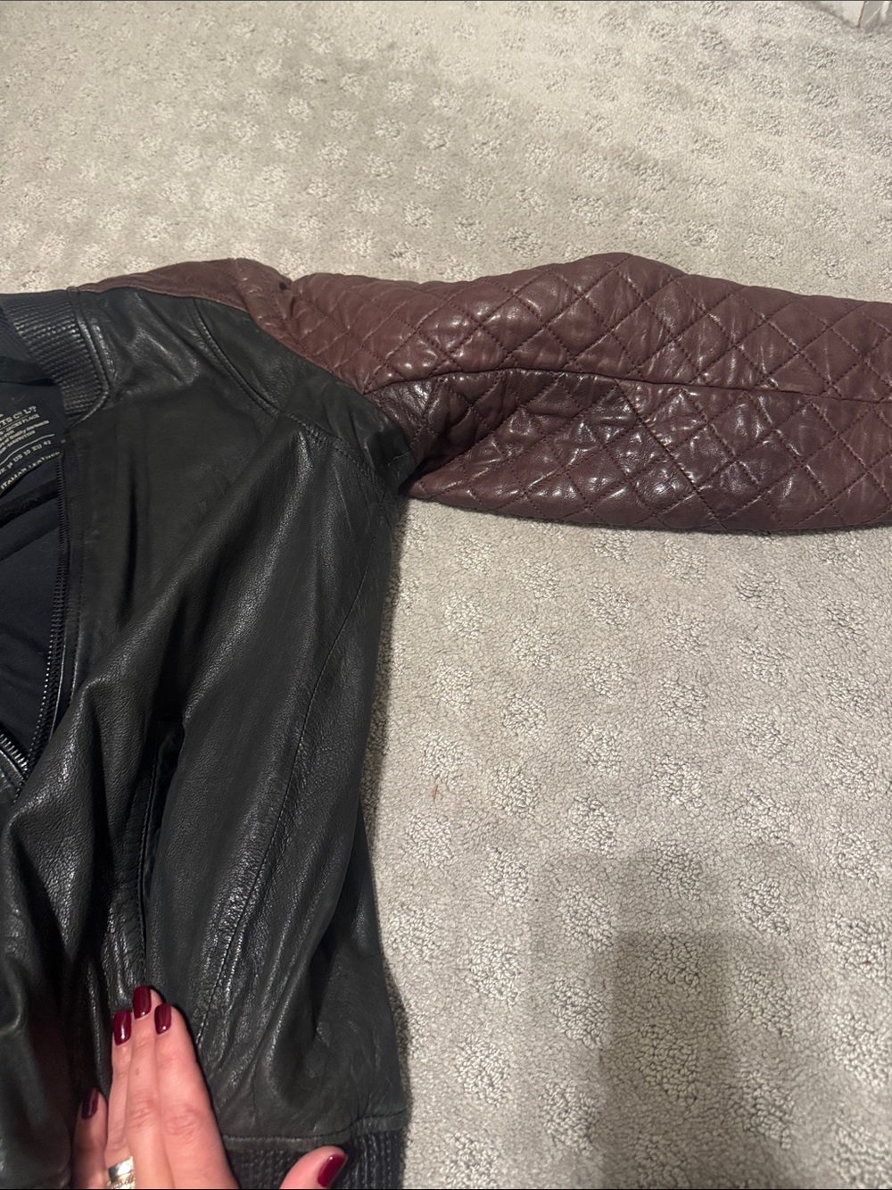 All Saints Two-Tone Quilted Sleeve Leather Bomber Jacket - Black & Brown - Picture 3 of 7